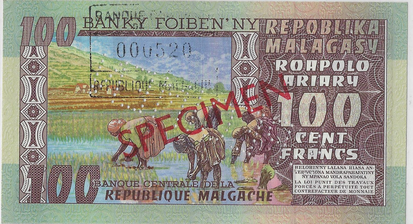 Madagascar 100 Francs Specimen No.000 520 Ariary (1974) Pick 63S  Est $100 .MD2a