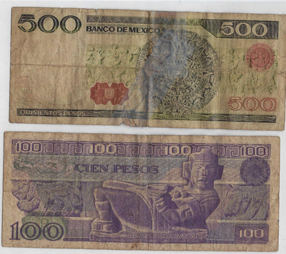 Mexico 100 & 500 Pesos 1982,81   Fine & VG.Mx1Y3
