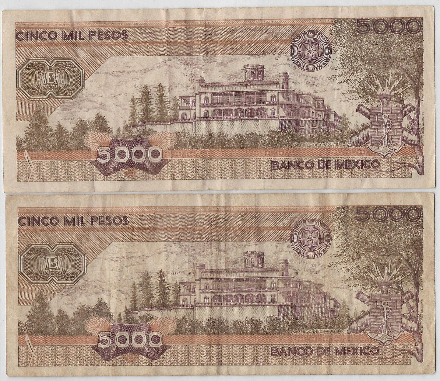 Mexico 5000 Pesos,28.03.1989,P-88c X 2 . MX1Y1