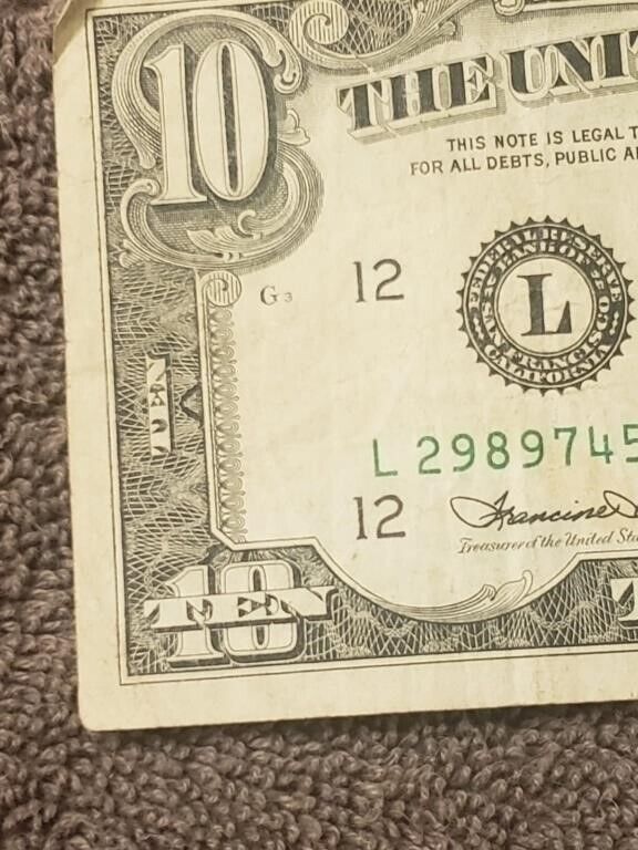 USA $10 FRN L12 ERROR ,SHIFTED UP 1974 +Gift !! (y31)