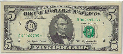 US$5 FRN LINCOLN 3C Philadelphia Star Note*Replacement*1977 XF++ SN 00269705.5C2